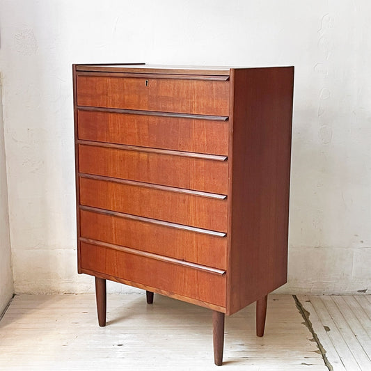 北欧ビンテージ Scandinabian Vintage チェスト キャビネット 6ドロワーズ チーク材 H101cm デンマーク 北欧家具 鍵欠品 ★