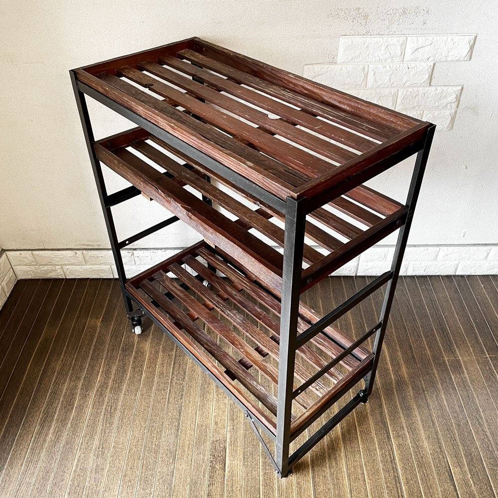 クラッシュゲート CRASH GATE ノットアンティークス Knot Antiques リストシェルフ LIST SHELF パイン古材 × アイアン 3段 W80cm キャスター付 定価￥62,700- 廃番 ◎