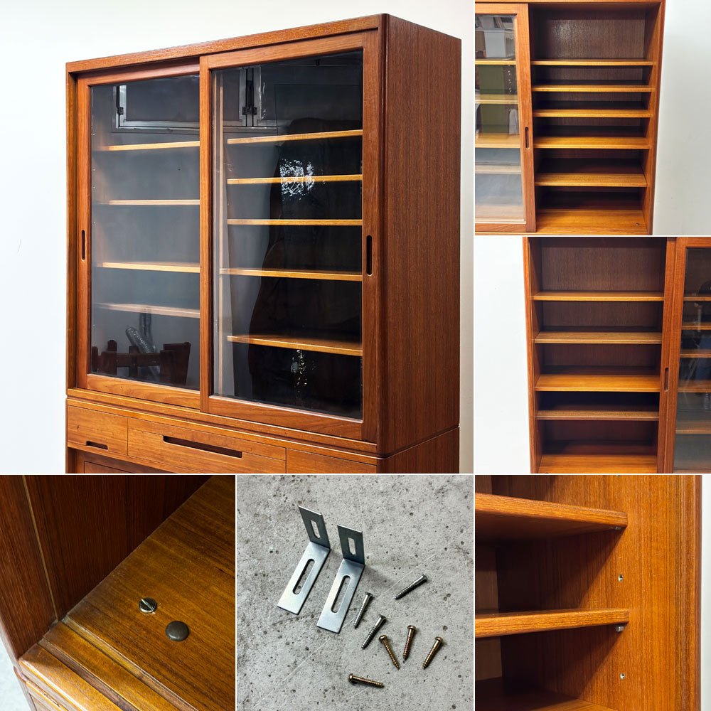 日田工芸 HITA craft チーク材 食器棚 カップボード ガラスキャビネット 引き戸2枚 昭和レトロ ジャパンビンテージ 北欧スタイル ●