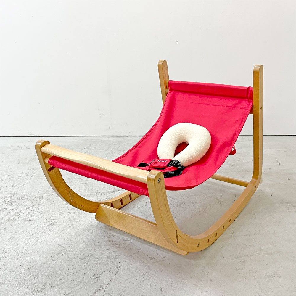 ファルスカ farska スクロールチェアプラス SCROLL CHAIR PLUS ベビーチェア ロッキングホース レッド×ナチュラル ベルト クッション ●