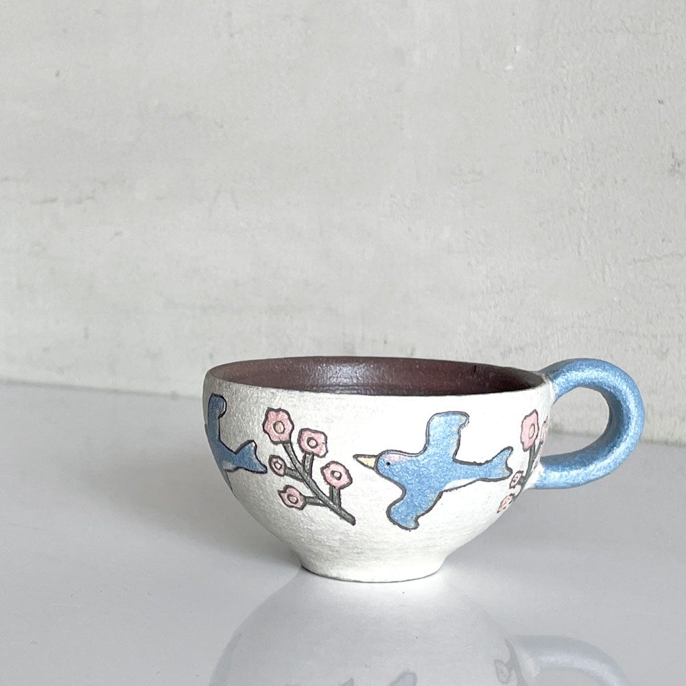 すずきまこと マグカップ 鳥と花柄 陶器 Φ9.5×H6 現代作家 ■