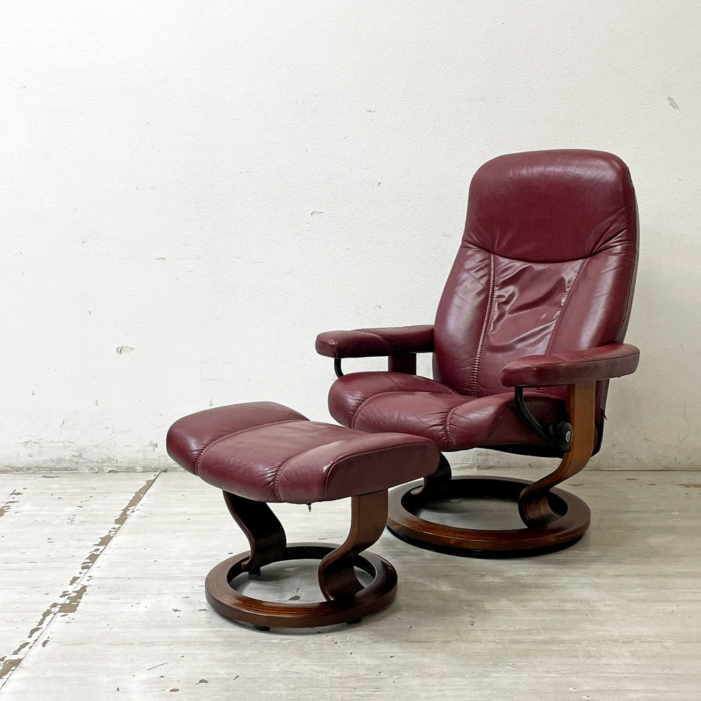 エコーネス EKORNES コンサル Consul ストレスレスチェア stressless リクライニングチェア オットマン付き クラシック レザー Mサイズ 2006年製 A ●