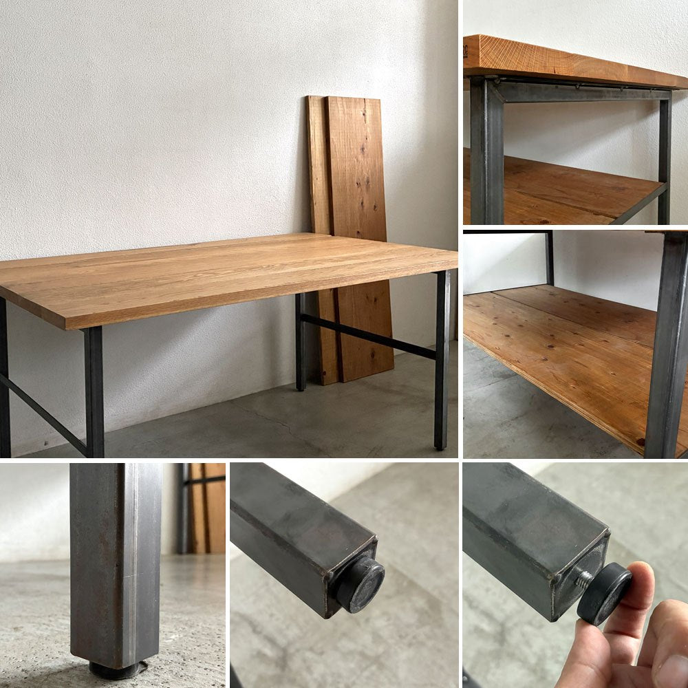 スクエアファニチャー SQUARE FURNITURE オーク 無垢材 ワーキングテーブル 作業台 W180cm スチール脚 シェルフ付き インダストリアル 店舗什器 B 〓