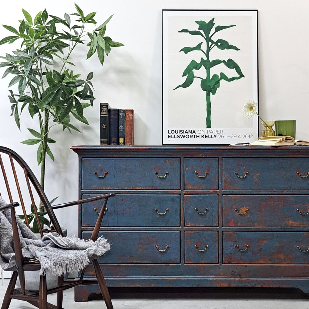 ヨーロピアンビンテージ European vintage ペインテッド ワイドチェスト 抽斗9杯 木製 クラシカル シャビーシック アンティーク ●