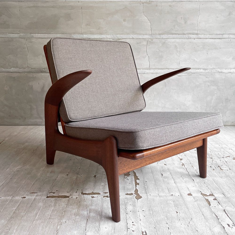 ギムソン＆スレーター Gimson & Slater ローバックラウンジチェア 1Pソファ チーク無垢材 ワイヤースプリング UKビンテージ ファブリック・クッション交換済み ♪