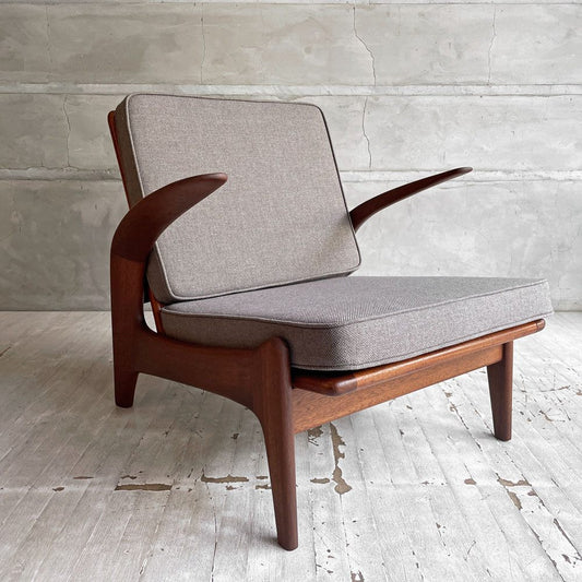 ギムソン＆スレーター Gimson & Slater ローバックラウンジチェア 1Pソファ チーク無垢材 ワイヤースプリング UKビンテージ ファブリック・クッション交換済み ♪