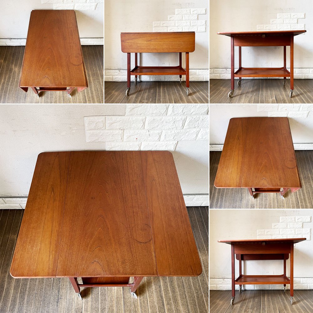 北欧ビンテージ Scandinavian Vintage チーク材 バタフライワゴン キッチントローリー W41.5/58/69.5cm 2ドロワー キャスター付 北欧家具 ◎