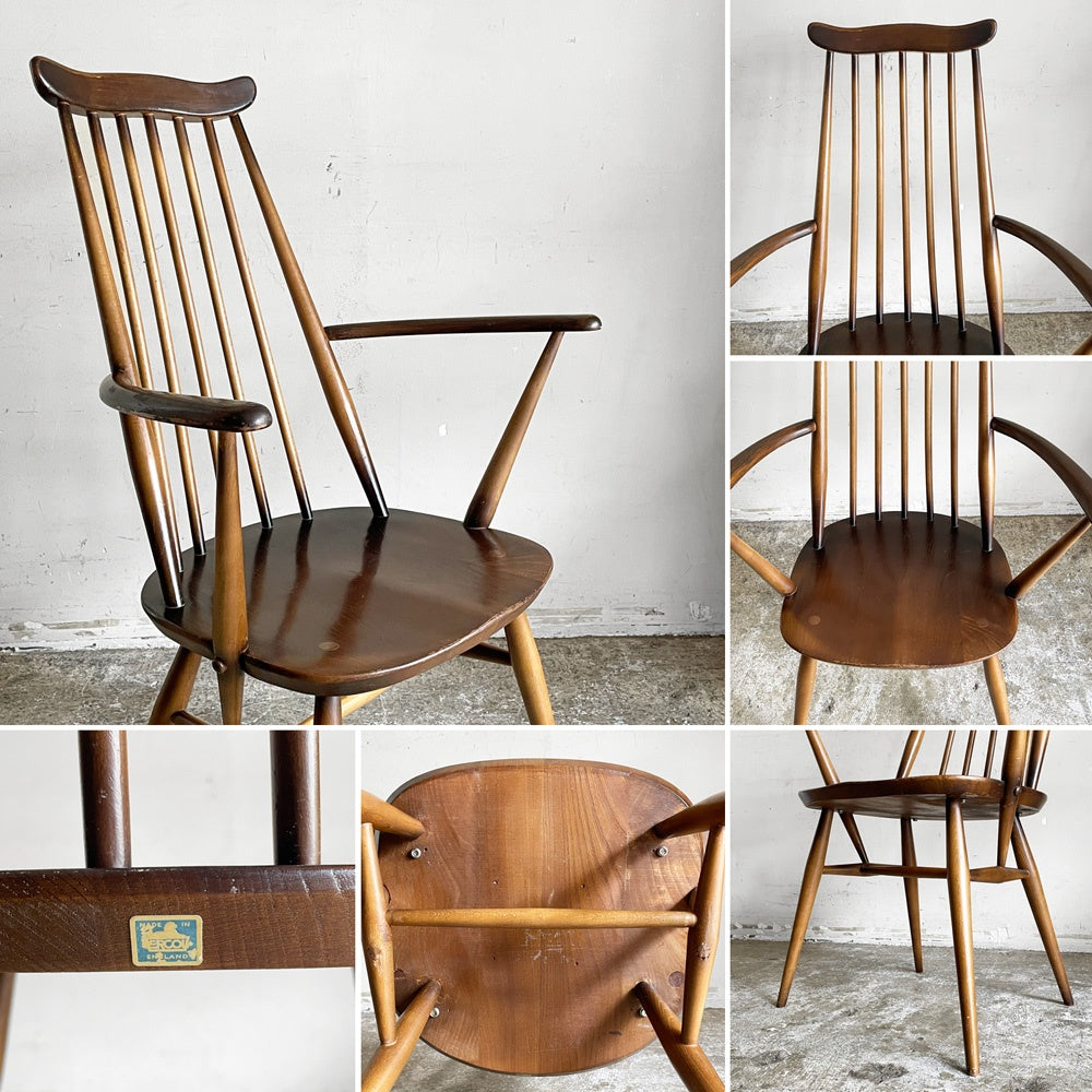 アーコール Ercol ゴールドスミス ダイニングチェア アームチェア コロニアル ハイバック エルム材 ダークブラウン UKビンテージ 英国 ■