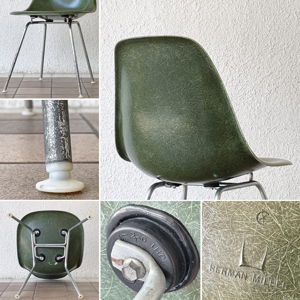 ハーマンミラー Herman Miller サイドシェルチェア ダイニングチェア 2nd FRP Hベース オリーブグリーンダーク イームズ ミッドセンチュリー ビンテージ 希少 B ◇