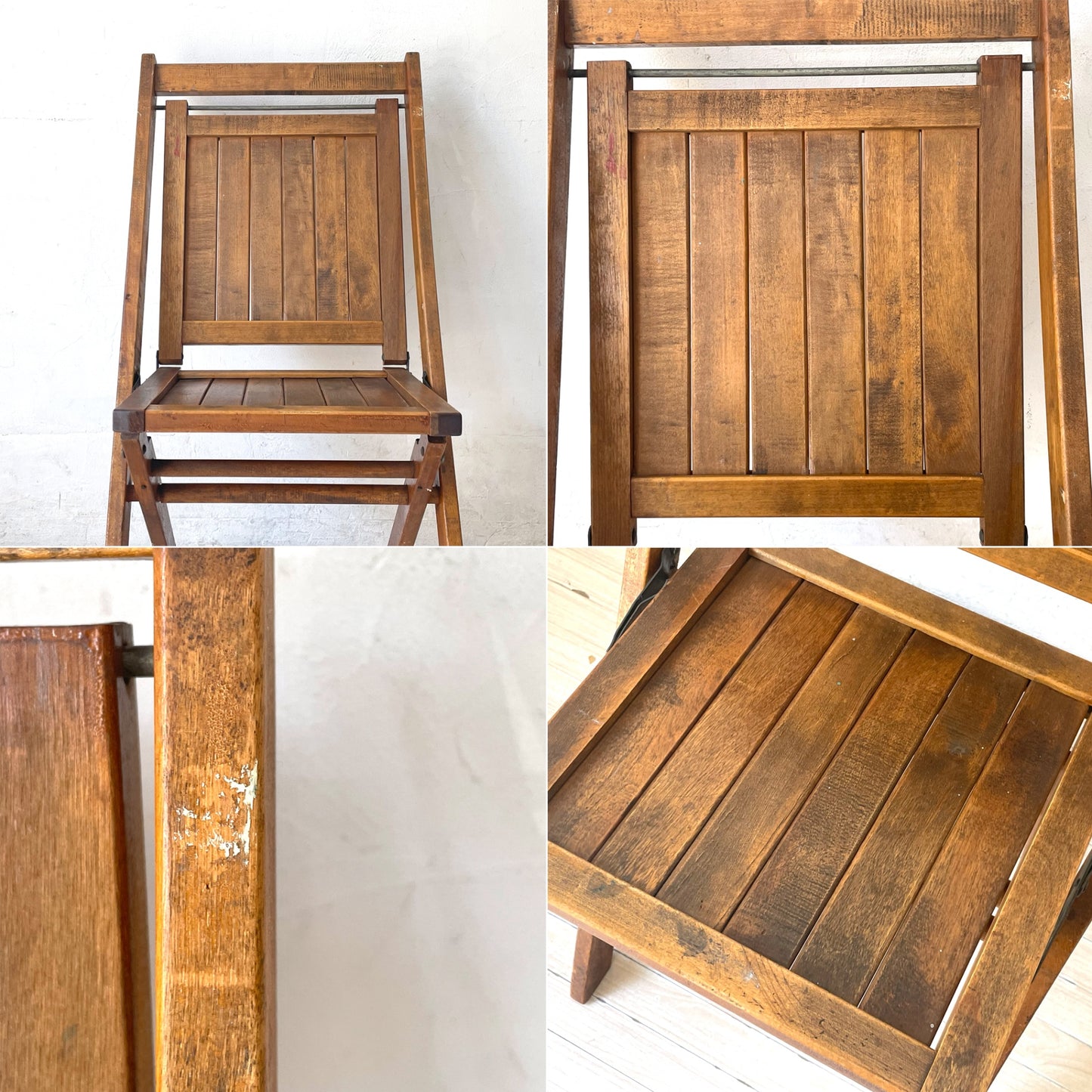 US ビンテージ スラットバック フォールディングチェア 折り畳み椅子 木味 カントリー アンティーク 米国 B ★