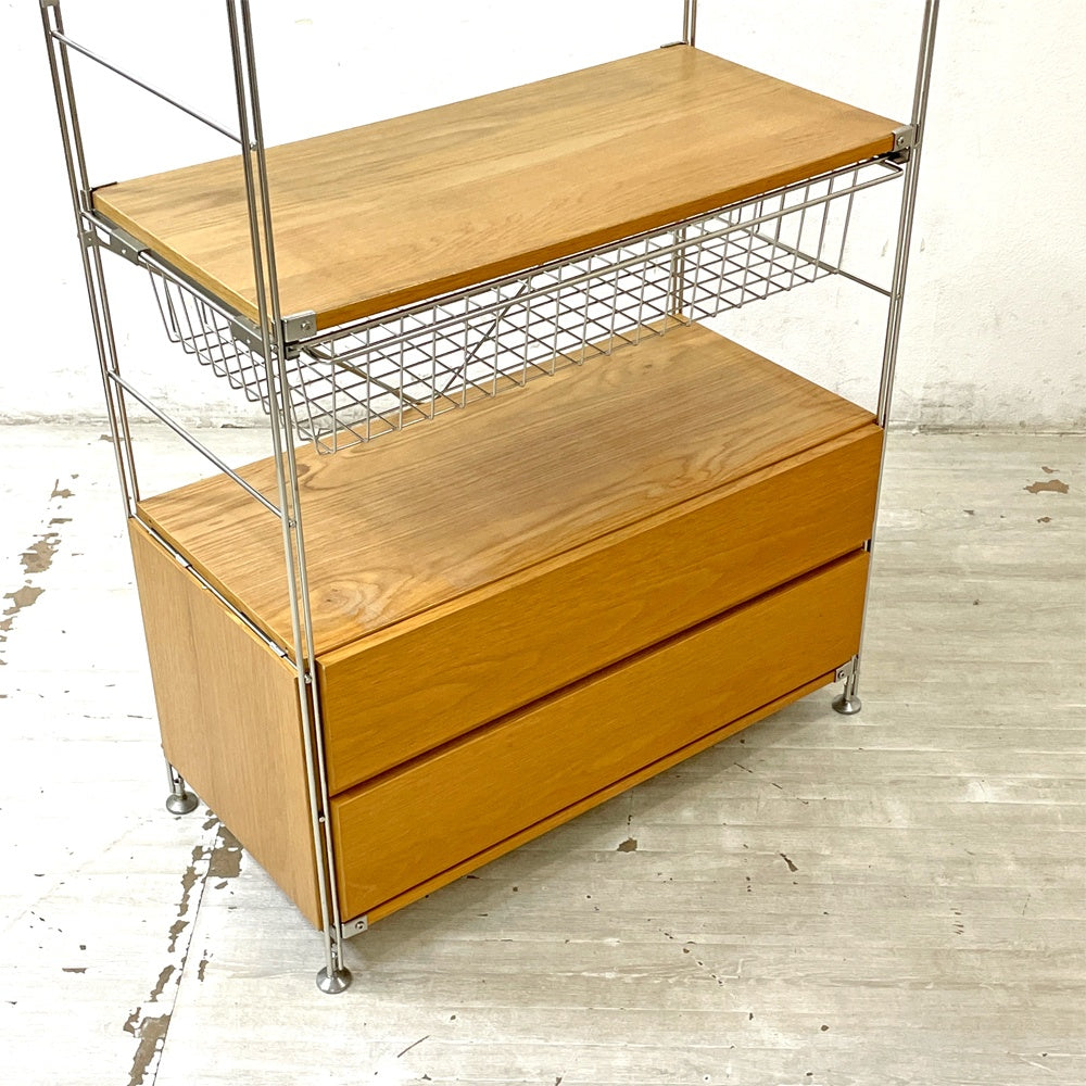 無印良品 MUJI ステンレスユニットシェルフ オーク材 食器棚 本棚 飾り棚 収納棚 H175.5cm ガラス引き戸 引出し付 ●