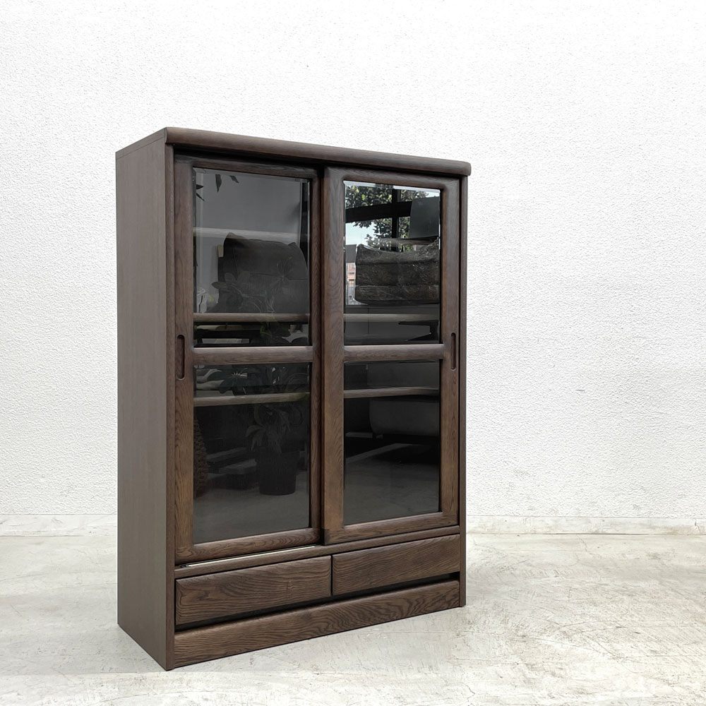 浜本工芸 No3600 書棚H 本棚 ミニキャビネット w85cm カフェオーク色 2ドロワー シンプルデザイン〓