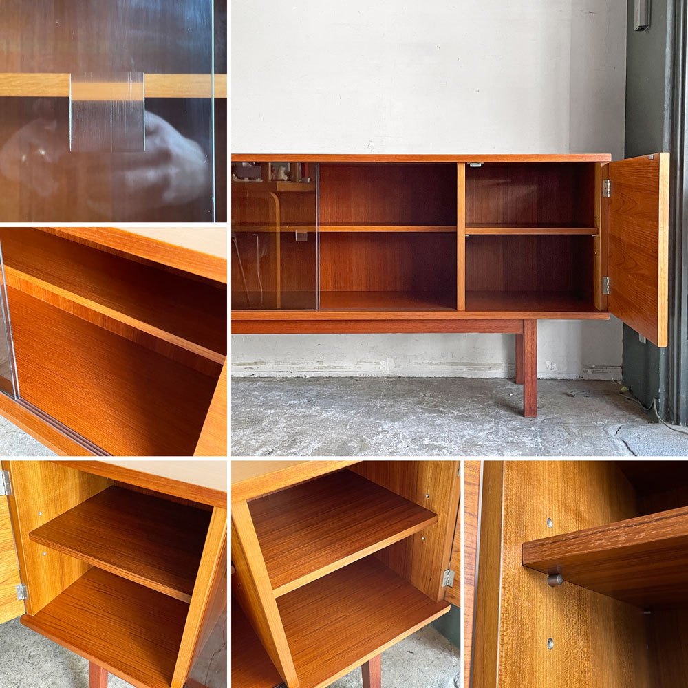 ジャパンビンテージ Japan vintage チーク材 W180cm サイドボード キャビネット スモーク ガラス戸 和モダン 北欧スタイル ■