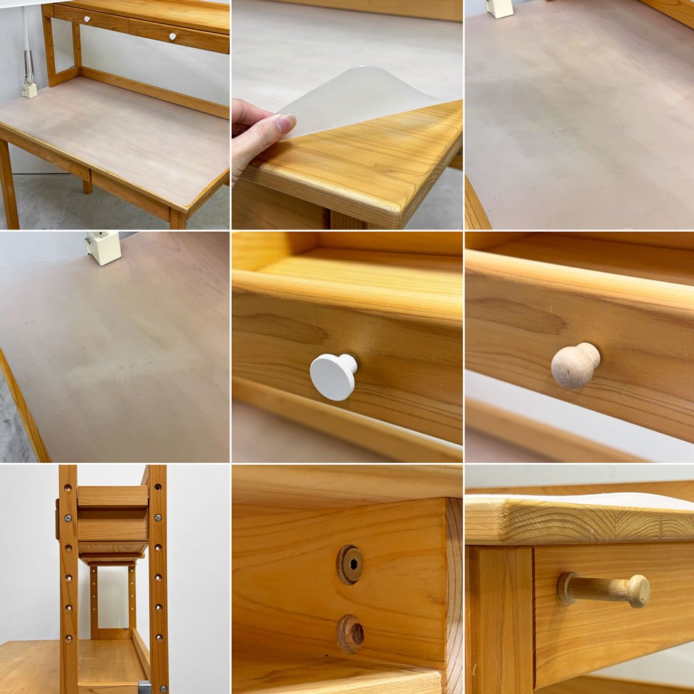 キシル XYL 4本脚デスク 100 + 机棚 つまみタイプ 100 + キシルZライト デスクライト ひのき無垢材 学習机 ●