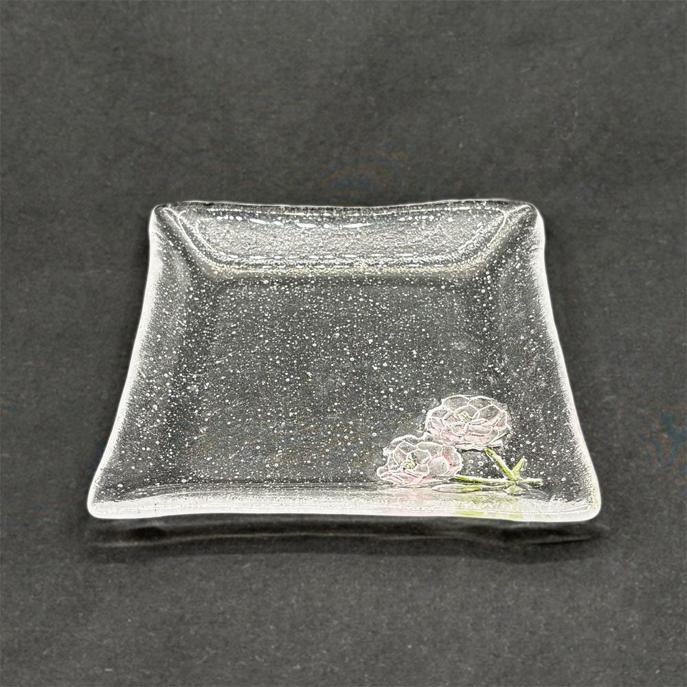 岡田多恵 ガラス 角皿 スクエアプレート パートドヴェール 花 14cm 現代作家 C ●