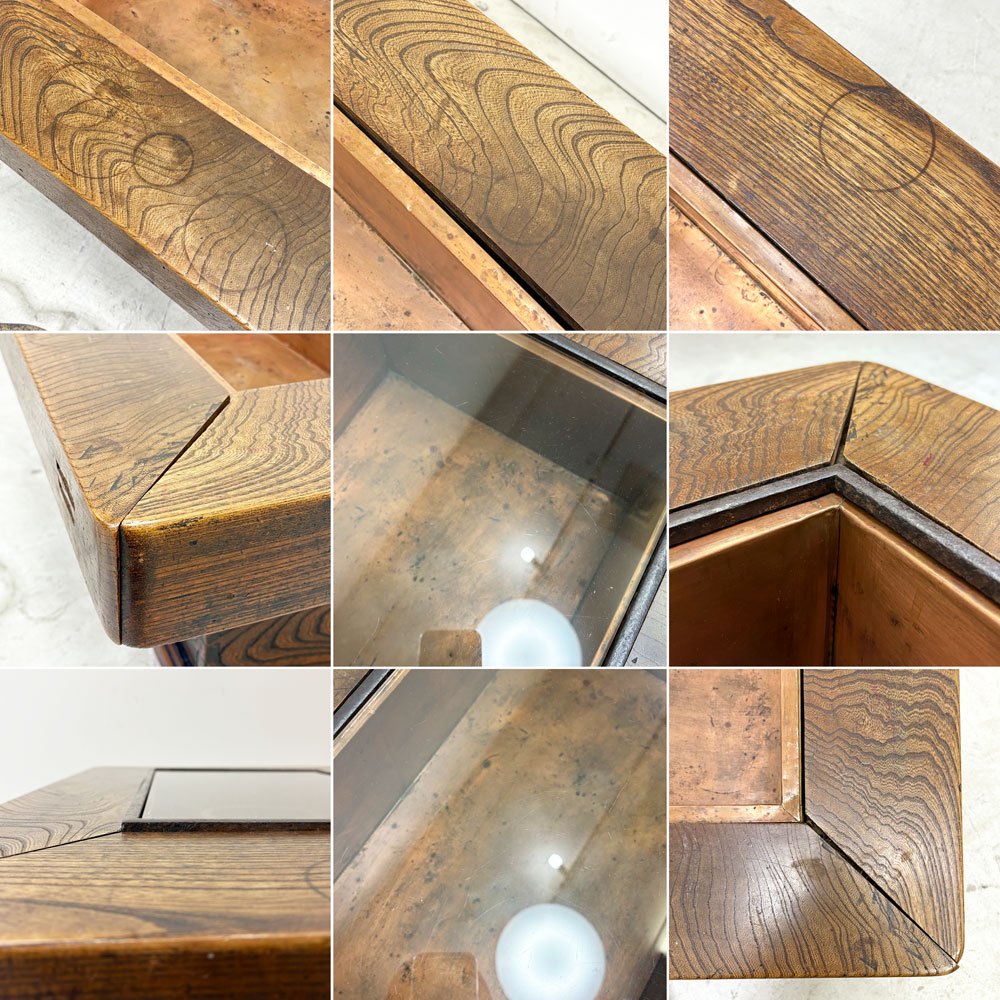 ジャパンビンテージ Japan Vintage 火鉢 長火鉢  ガラストップ テーブル 抽斗3杯 囲炉裏テーブル 和家具 古民具 古家具 昭和レトロ ●