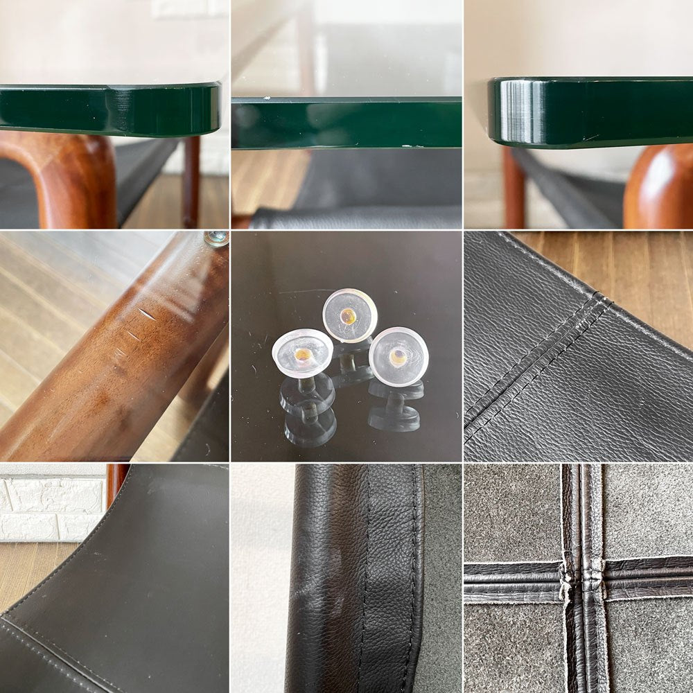 ケンオクヤマデザイン KEN OKUYAMA DESIGN ハンモック リビングテーブル ローテーブル ガラス×ウォールナット×ブラックレザー W80cm 奥山清行 定価￥99,800- 廃番 ◎