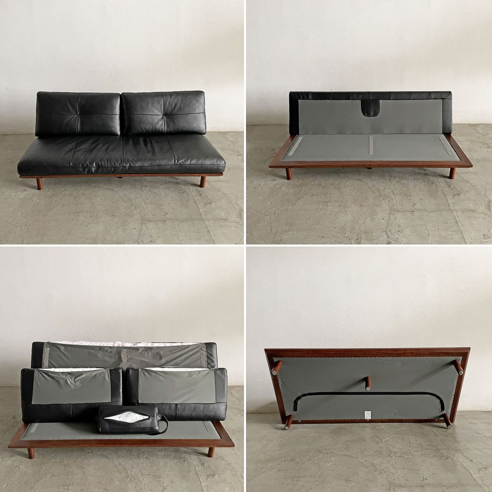 アクタス ACTUS ファイブバイファイブ five by five フラッド FLAD 2.5シーターソファ W180cm 本革 ブラックレザー ウォールナット材 松岡智之 サイドピロー付 合計定価￥316,800- 〓