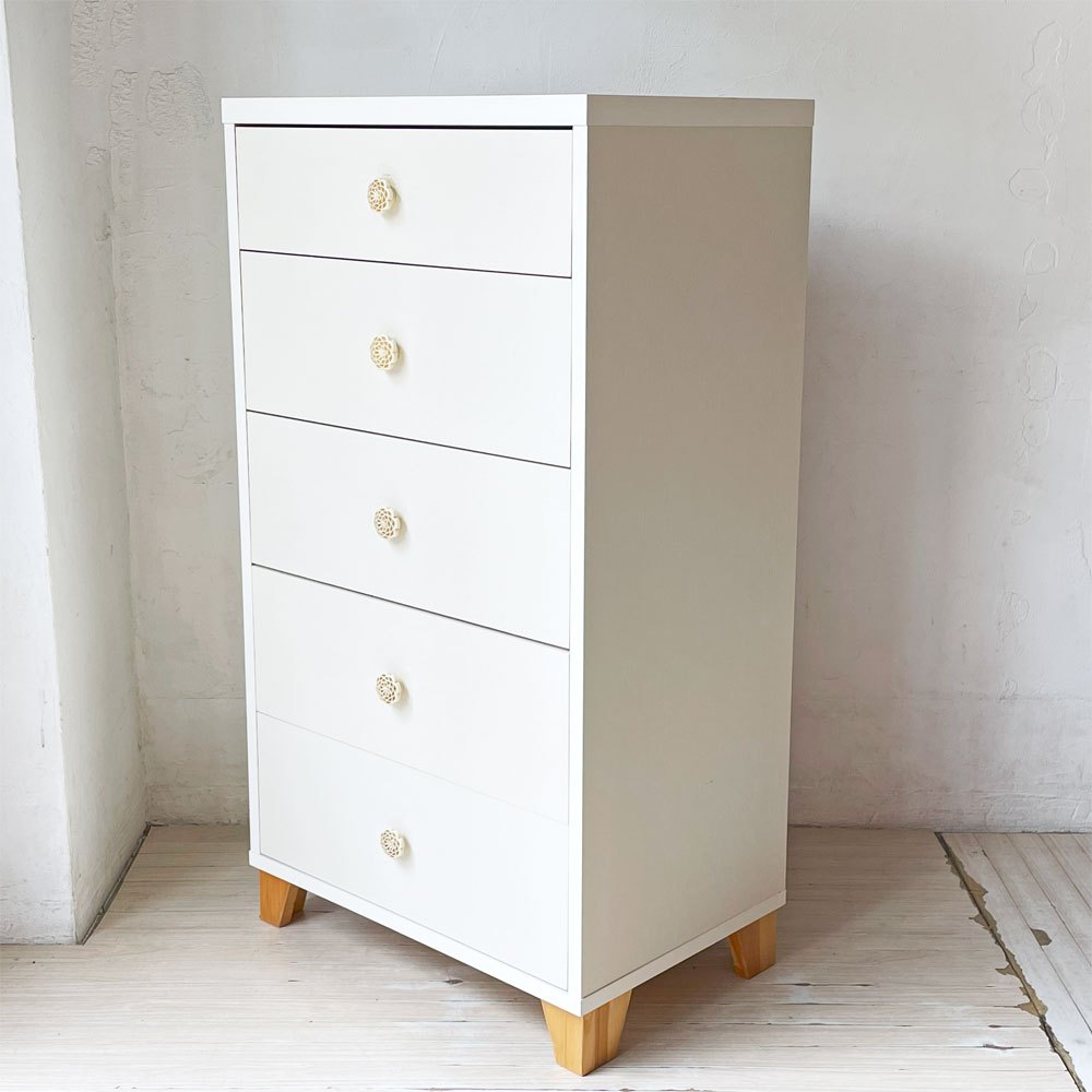 モモナチュラル Momo Natural ラブチェスト LOVE CHEST 60-5 トールチェスト 抽斗5杯 ホワイト 社外ハンドル 定価￥29,500- ★