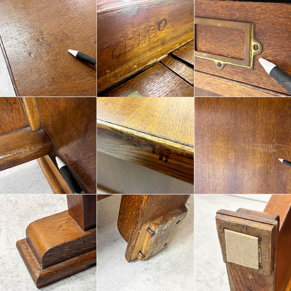 UKビンテージ UK Vintage オーク材 デスク 3ドロワー アーチ形天板 テーブル W197.5cm 英国家具 アンティーク ●