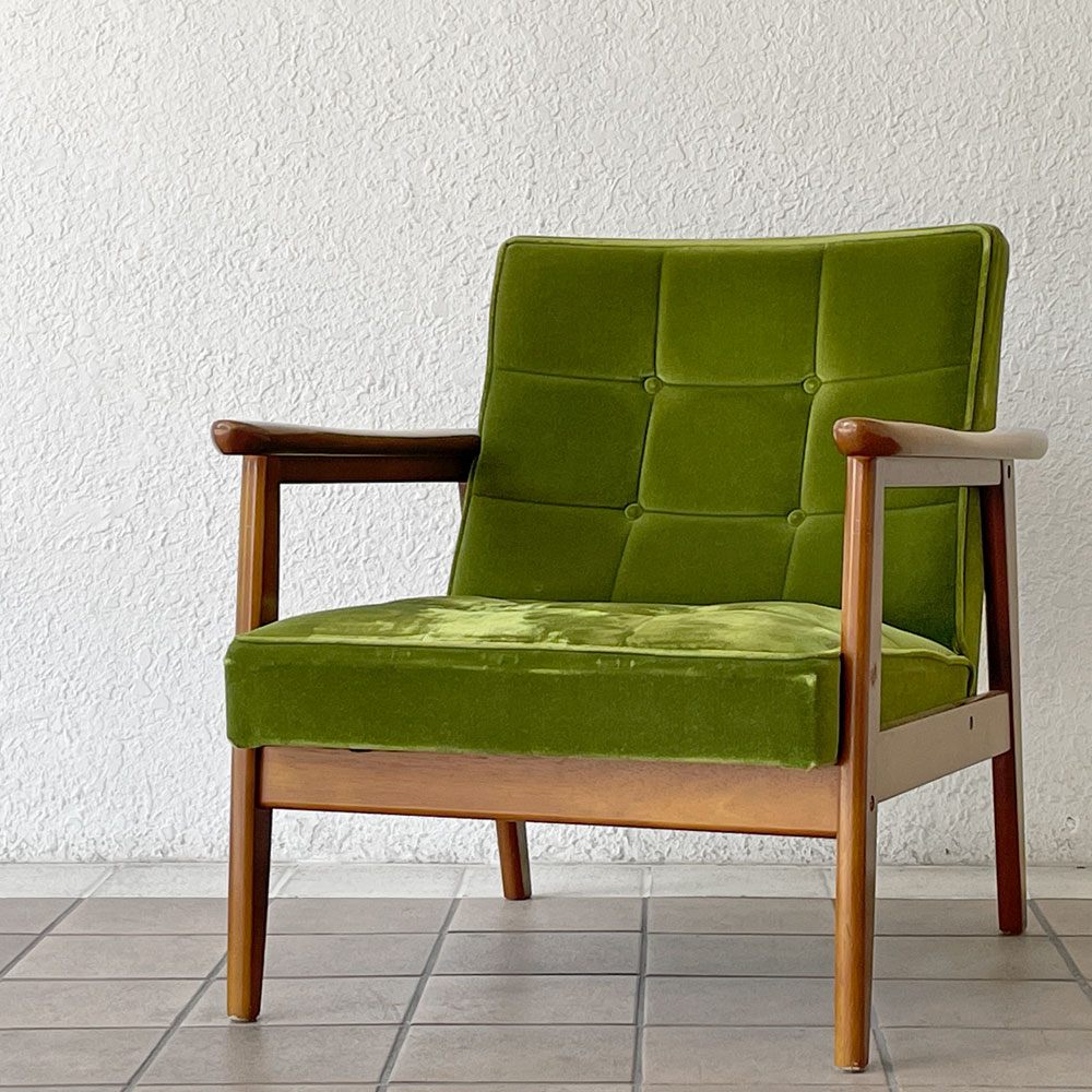 カリモク60 Karimoku60 Kチェア 1シーター ソファ モケットグリーン レトロモダン ミッドセンチュリーデザイン 現状品 ◇