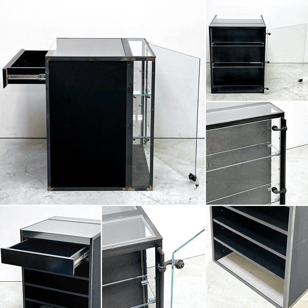 オーダーファニチャー Custom made furniture レジカウンターキャビネット ブラック アイアンフレーム ガラス ショーケース 1ドロワー 店舗什器 ●