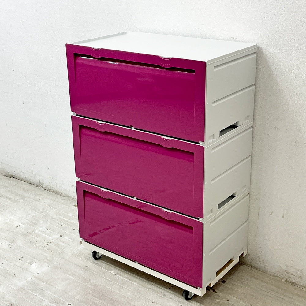 タッパーウェア Tupperware スーパーチェスト ワイド Super chest Wide 引出1段 マゼンタ 3段セット 専用カート付 ●