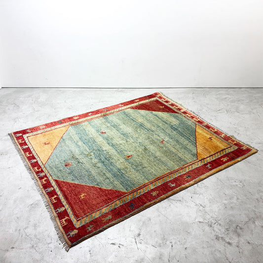 イラン ギャッベ GABBEH ラグ ウール 絨毯 カーペット ヤギモチーフ マルチカラー 赤 x 緑 x 黄 ●