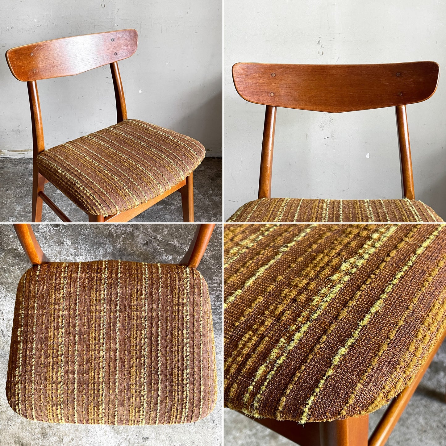北欧ビンテージ Scandinavian vintage ダイニングチェア チーク材 x ビーチ材 ブラウン系 ストライプ柄 ファブリック 北欧家具 ■