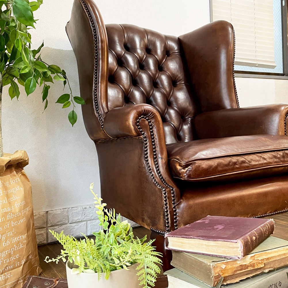 ロイズアンティークス Lloyd's Antiques リプロダクションシリーズ チェスターフィールド B&Cウイングチェア 1シーターソファ 鋲 本革 英国 ◎