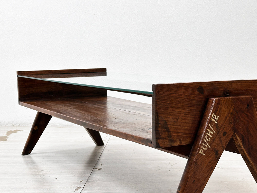 ピエールジャンヌレ Pierre Jeanneret コーヒーテーブル Coffee Table チーク無垢材 ガラス チャンディーガル レター有り 1960‘s ビンテージ PU/CH/-12 ●