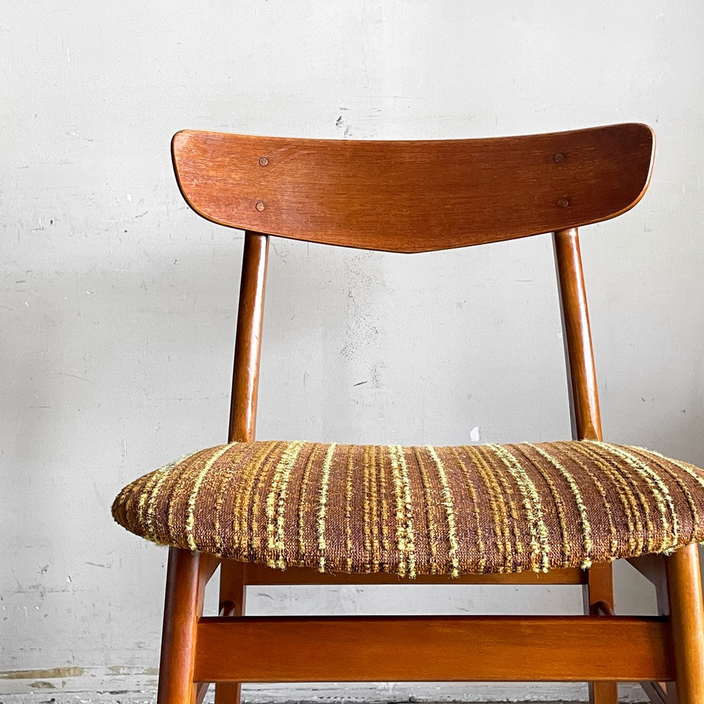北欧ビンテージ Scandinavian vintage ダイニングチェア チーク材 x ビーチ材 ブラウン系 ストライプ柄 ファブリック 北欧家具 ■