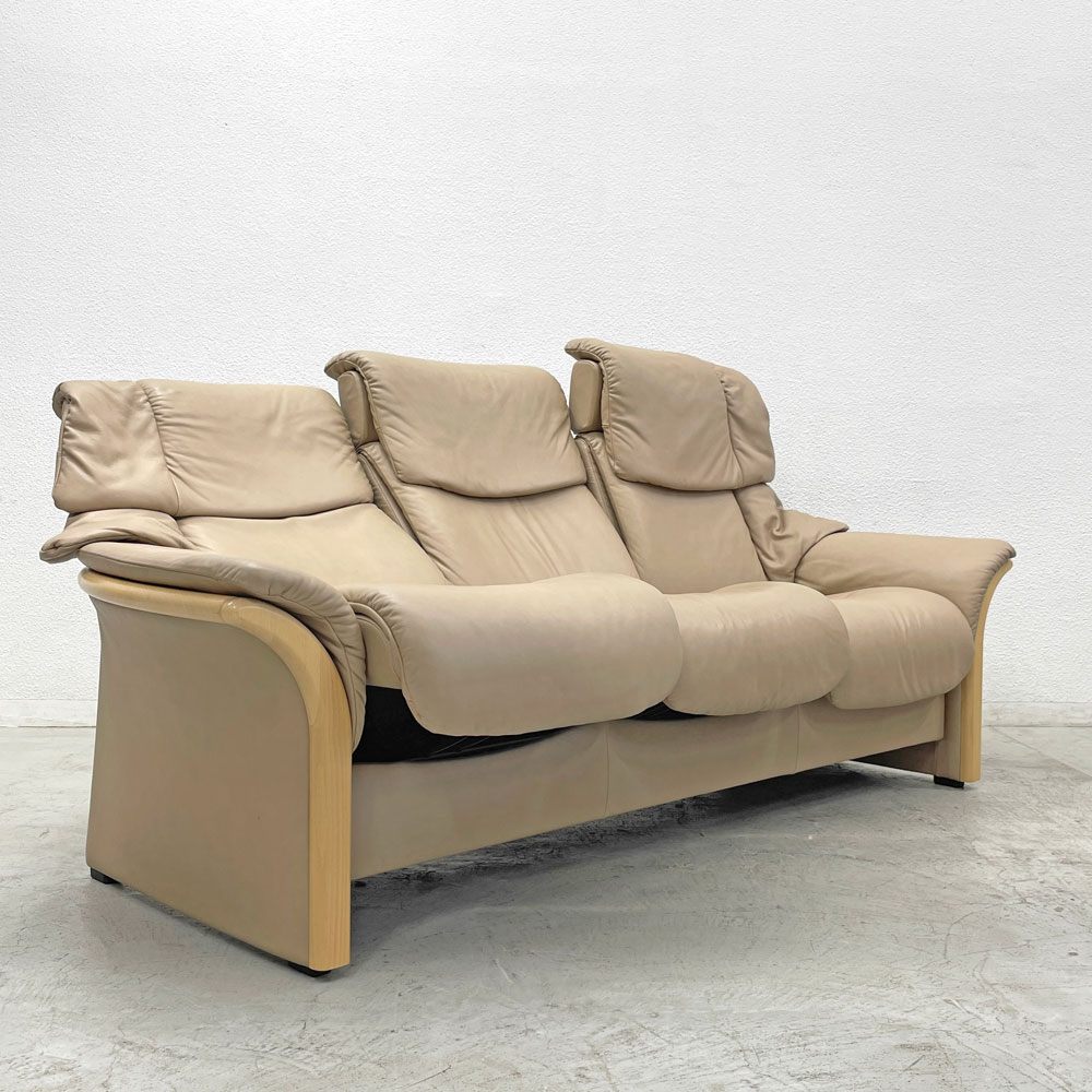 エコーネス EKORNES ストレスレス Stressless エルドラド Eldorado 3シーター サンド リクライニングソファ オーク材 総革 北欧 ノルウェー 定価約102万 〓