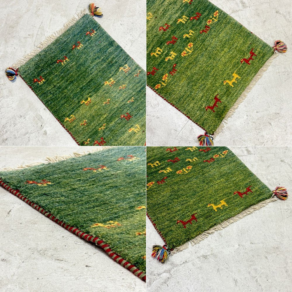 イラン 手織り ギャッベ gabbeh 絨毯 ラグ カーペット 117×60cm グリーン ●