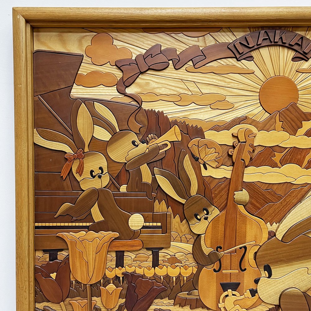あさのたかを デザインオフィス 木壁画 ウサギの合奏会 ウッドアート 組木絵画 彫刻絵画 125x100cm あさのたかを 現代作家 ●
