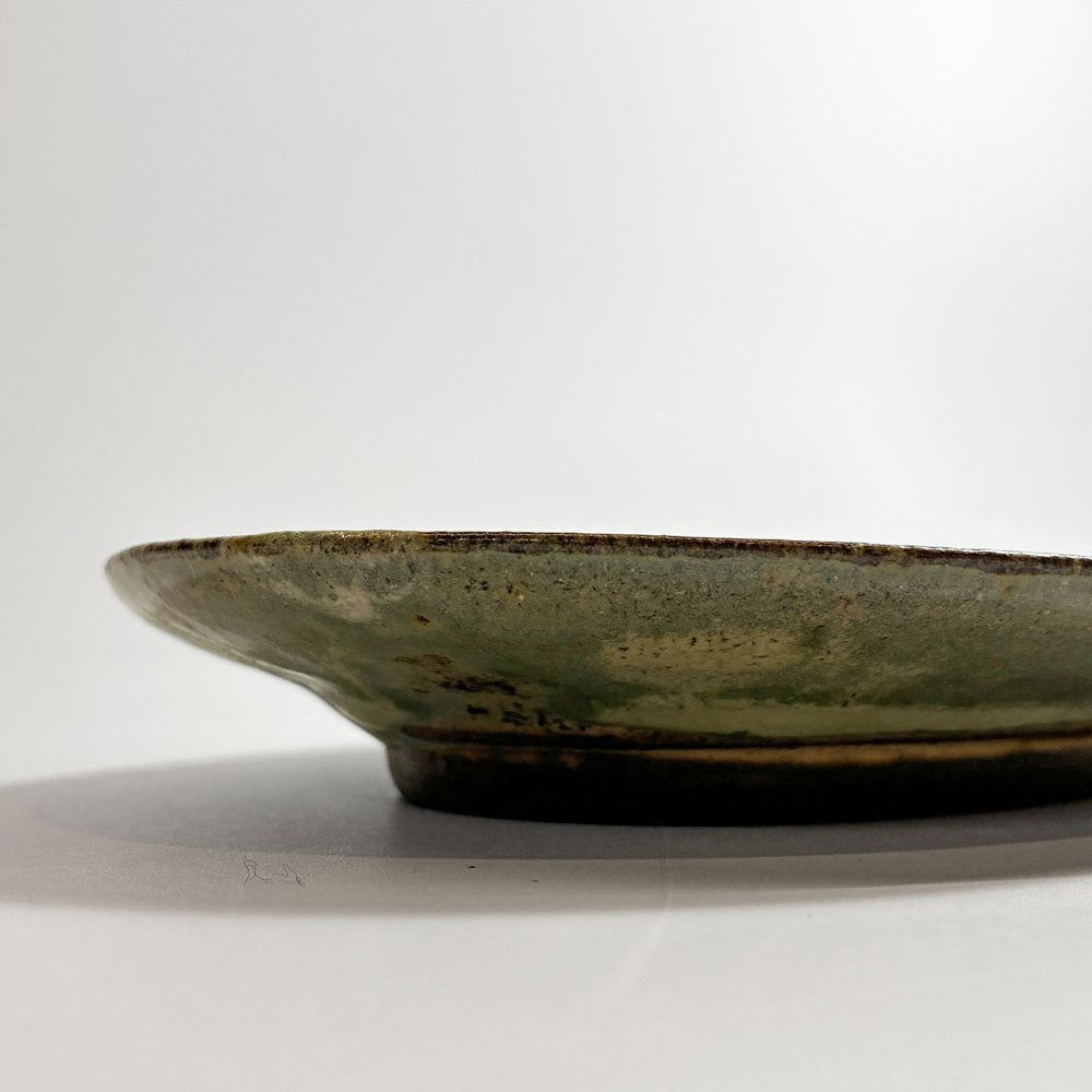 清岡幸道 青灰オリーブ オーバルリム皿 陶器 20cm 現代作家 民芸 うつわ ★