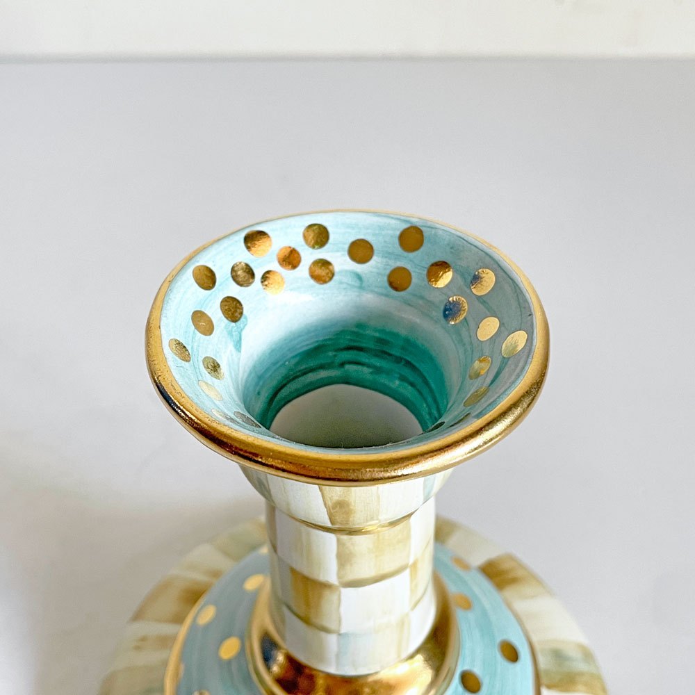 マッケンジーチャイルド Mackenzie-Child コートリーチェック柄 キャンドルホルダー Candlestick 金彩 陶器 アメリカ B ■