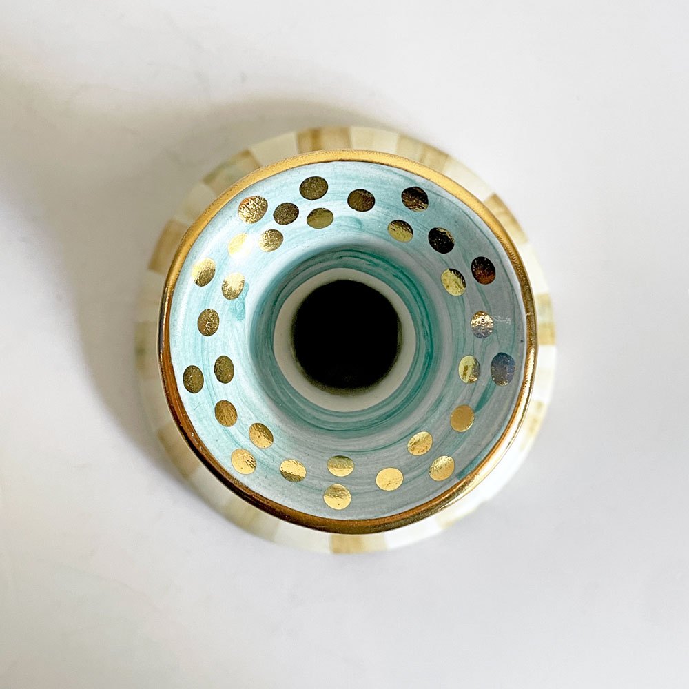 マッケンジーチャイルド Mackenzie-Child コートリーチェック柄 キャンドルホルダー Candlestick 金彩 陶器 アメリカ B ■