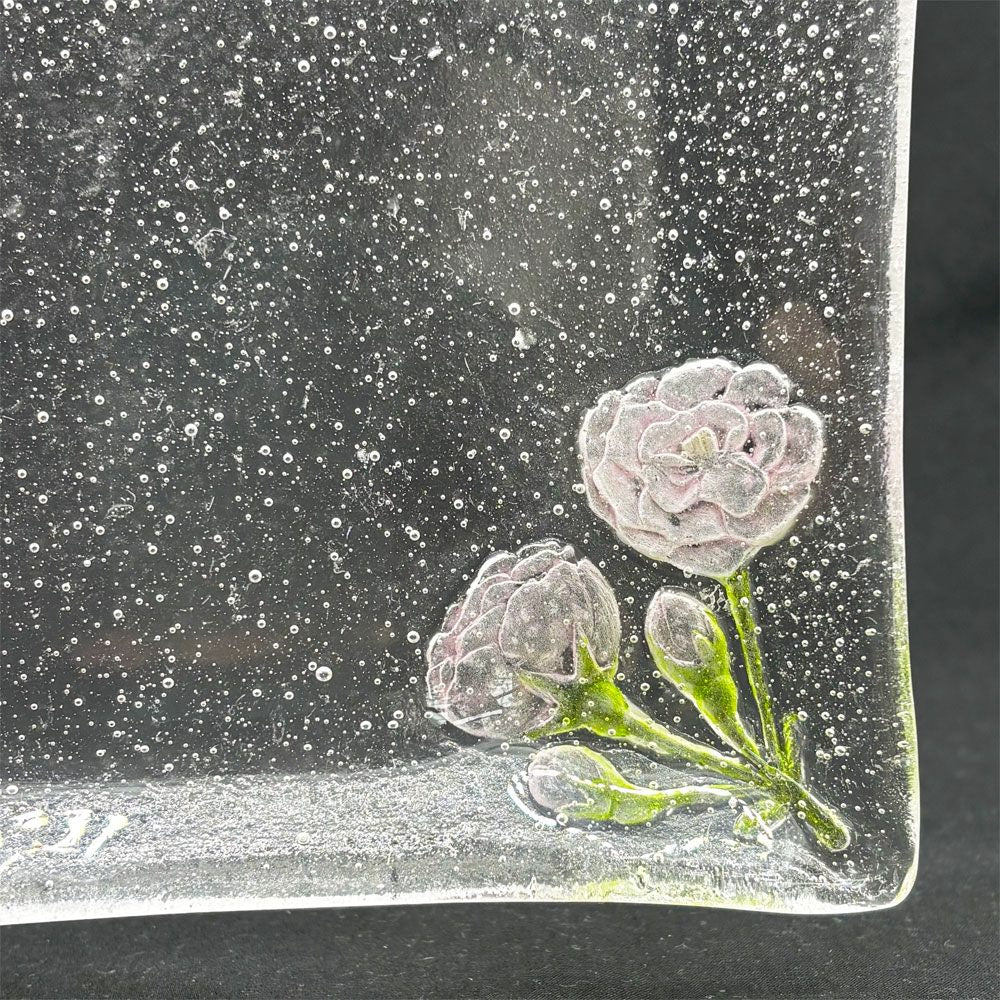 岡田多恵 ガラス 角皿 スクエアプレート パートドヴェール 花 14cm 現代作家 B ●