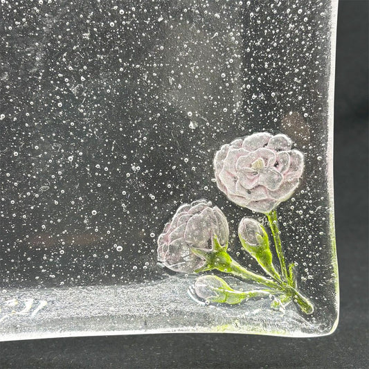 岡田多恵 ガラス 角皿 スクエアプレート パートドヴェール 花 14cm 現代作家 B ●