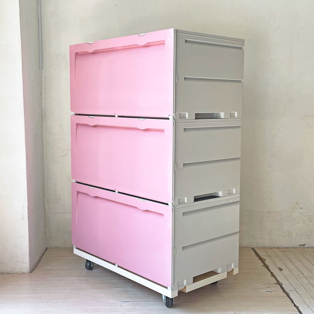 タッパーウェア Tupperware スーパーチェスト ワイド Super chest Wide 引出1段 ピンク 3段セット 専用カート付き ★