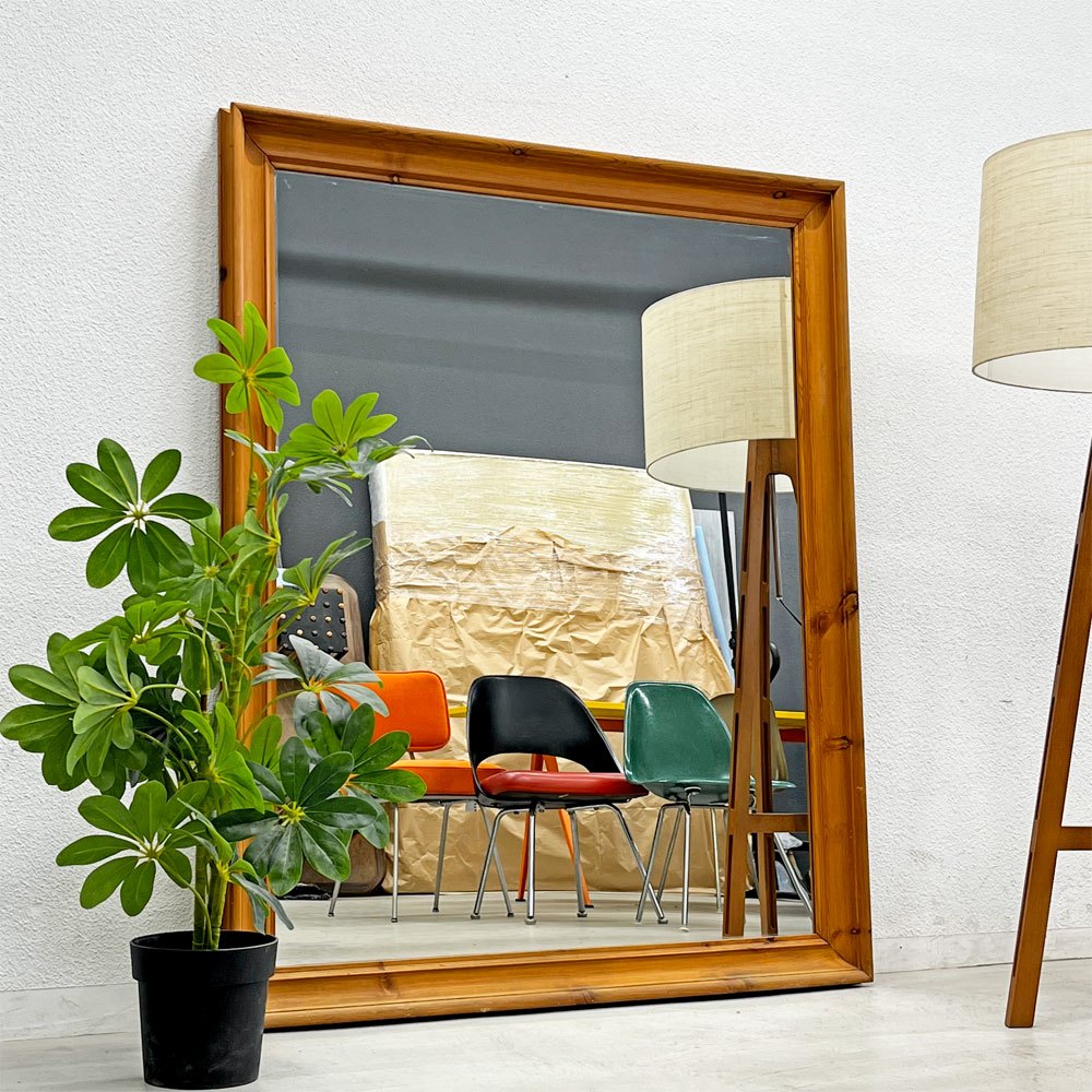 ビンテージ Vintage 大型 ウォールミラー パイン無垢材 姿見 W122cm x H152cm 店舗什器 〓