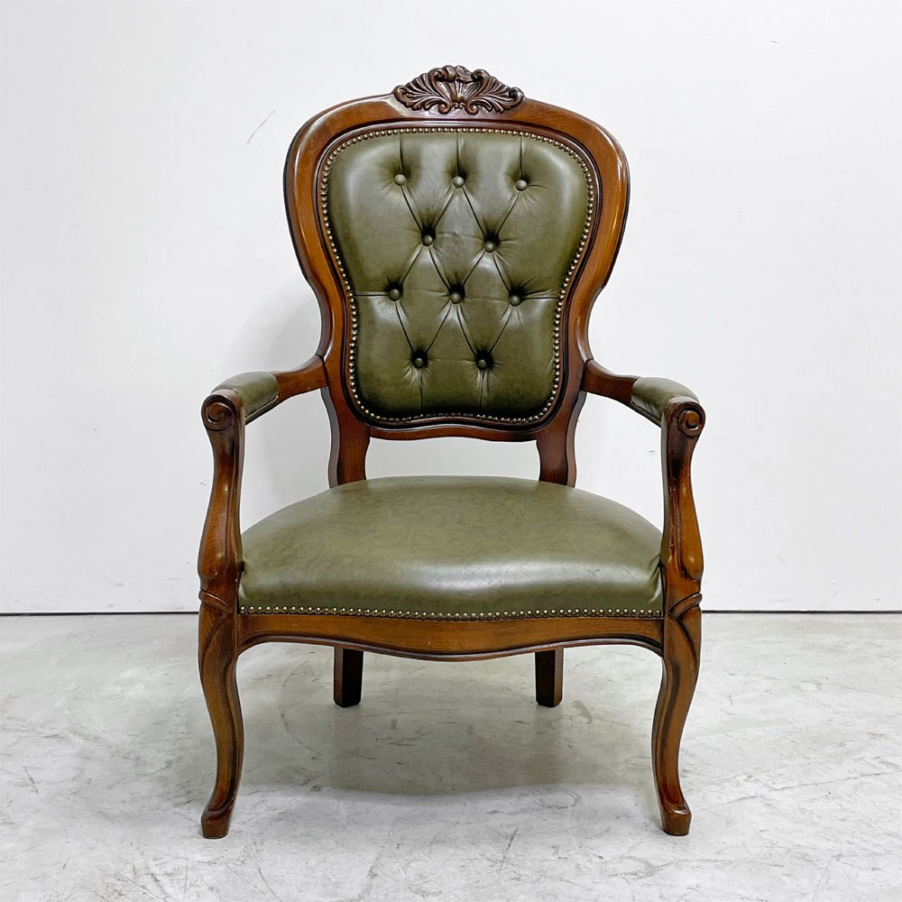 クラシカルデザイン Classical Design サロンチェア アームチェア ラウンジチェア 木彫 PVCレザー グリーン系 猫脚 アンティーク調 イタリア製 ●