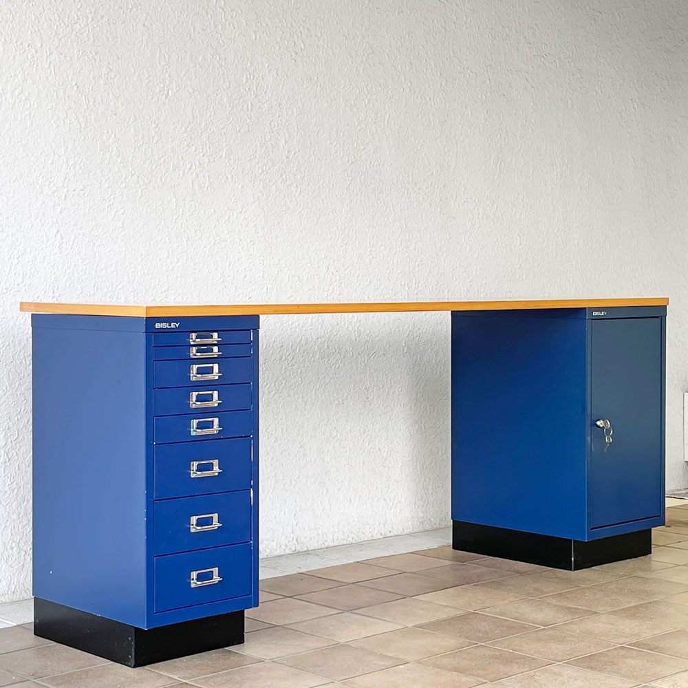ビスレー BISLEY ベーシック BASIC 29/8B A4キャビネット＋BA3/29 キャビネット ロッカー＋木天板 デスク仕様 3点セット ブルー × ナチュラル 希少廃番 英国 ◇