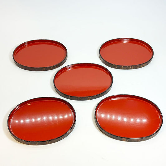 山桜 漆器 菓子プレート 菓子器 5枚セット 箱付 美品 桜皮細工 曲げわっぱ 秋田 伝統工芸 ★