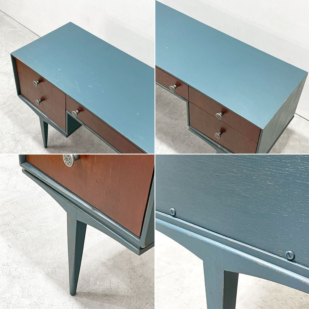北欧ビンテージ Scandinavian vintage チーク材 ペインテッド 両袖デスク 5ドロワー テーパードレッグ W141cm 北欧家具 ●