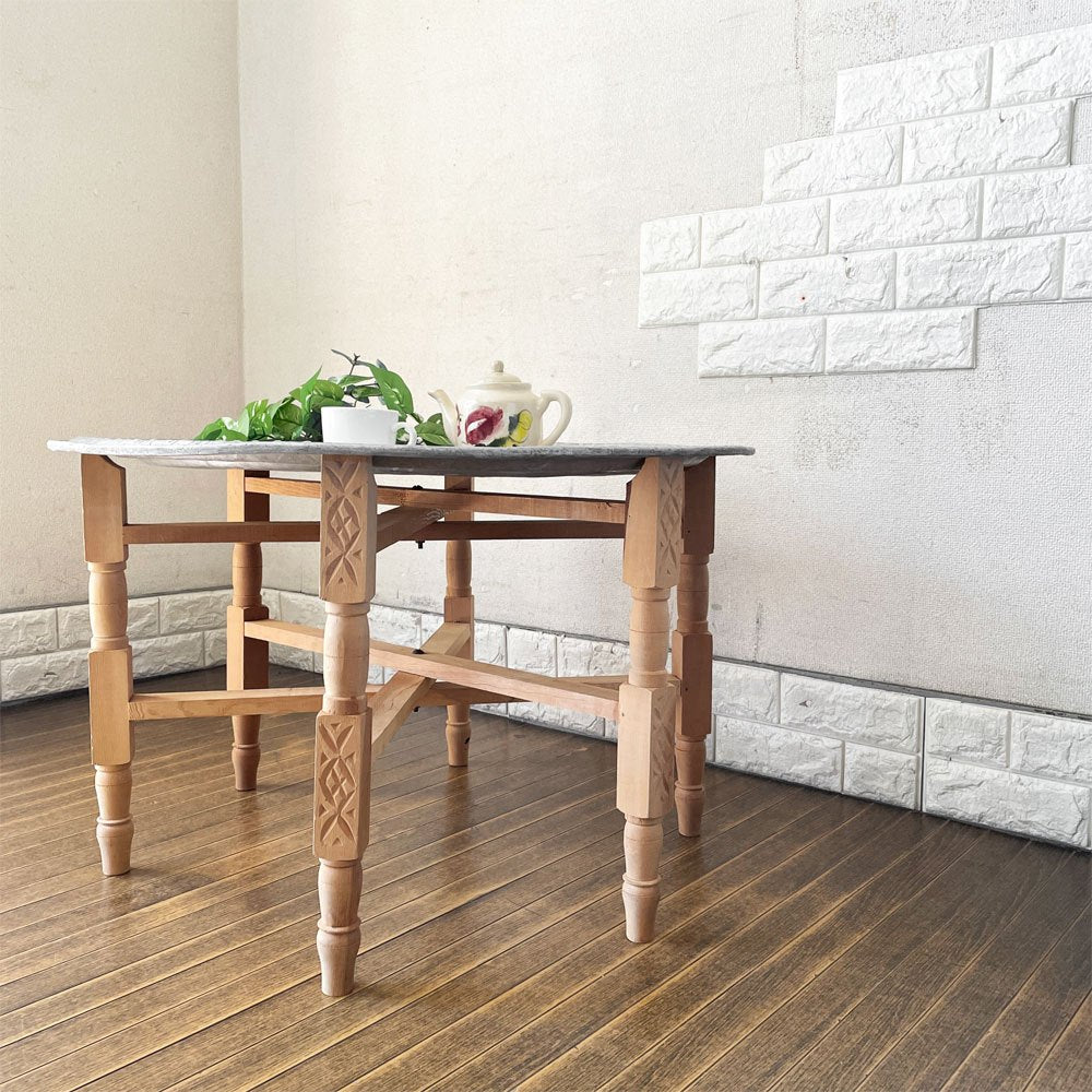モロッコ家具 Moroccan Furniture フォールディング メタルトレイテーブル ティーテーブル センターテーブル Φ76cm 木製脚 折りたたみ式 ◎