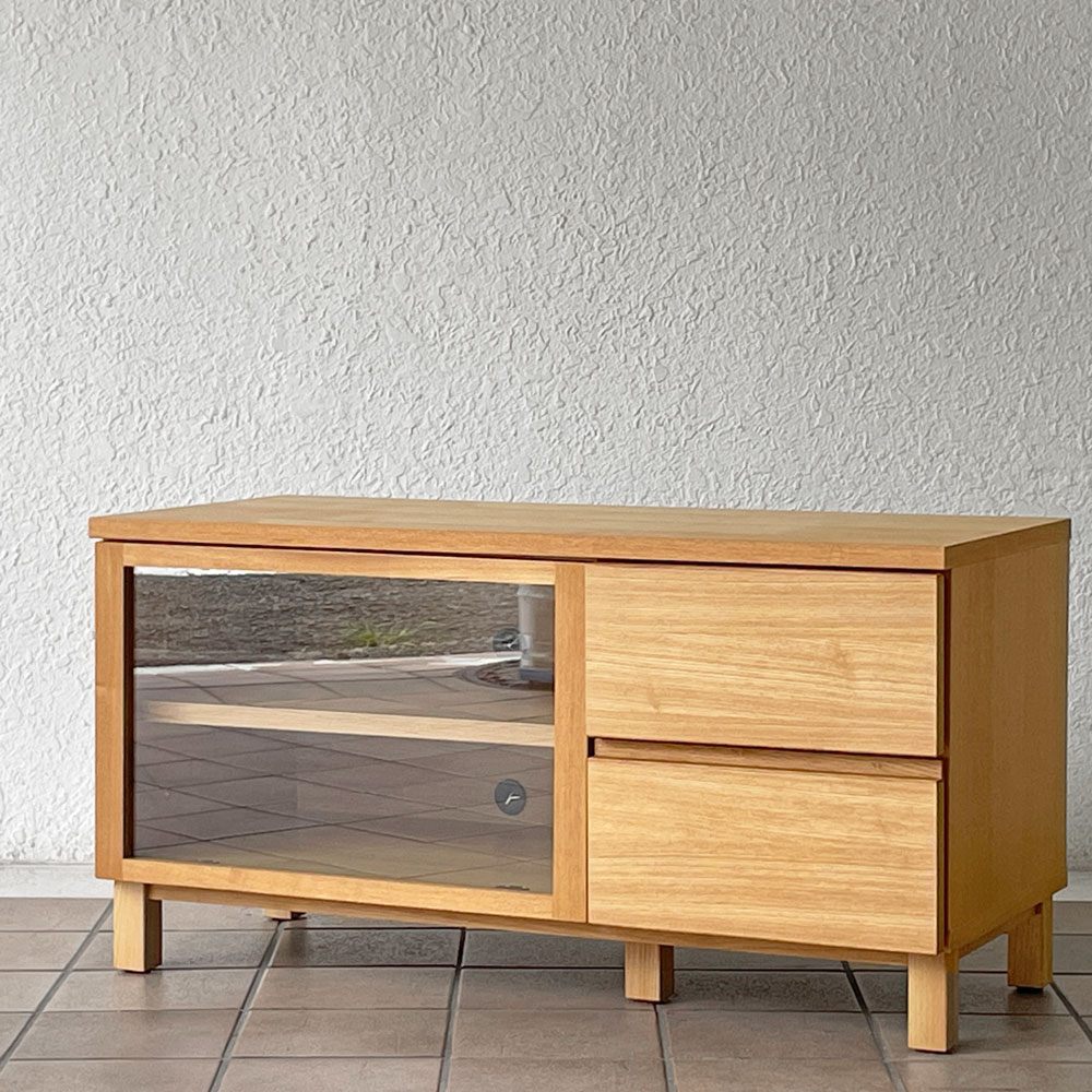 無印良品 MUJI タモ材 AVラック AVボード テレビ台 ガラス扉 フラップ扉 抽斗2杯 W90cm ナチュラルスタイル 廃番 ◇