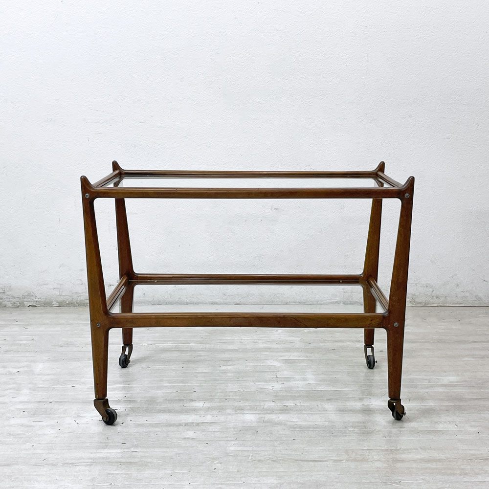 USビンテージ Vintage 木製 ガラス ワゴン 2段 キャスター キッチンワゴン サイドテーブル ディスプレイラック ミッドセンチュリー ●