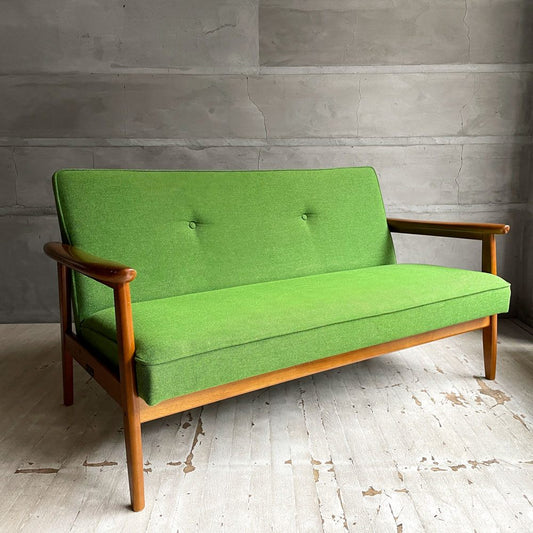 カリモク60 Kチェア 2P ソファ タープグリーン 廃盤仕様 ウォールナットカラーフレーム ブナ材 レトロモダン ミッドセンチュリー 現状品 ♪